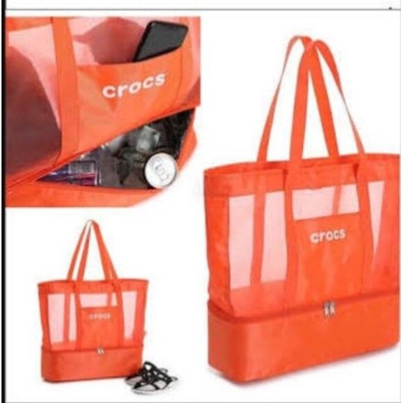 Crocs Orange Mesh Tote Bag Large Beach Pool Carryall Lightweight cooler zip base - Picture 3 of 3